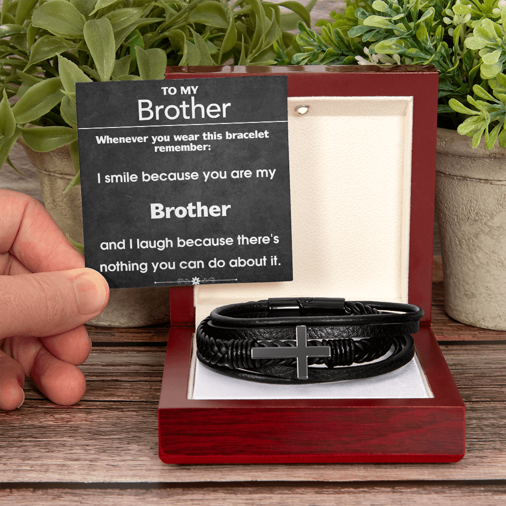 I Smile Because You Are My Brother Cross Leather Bracelet